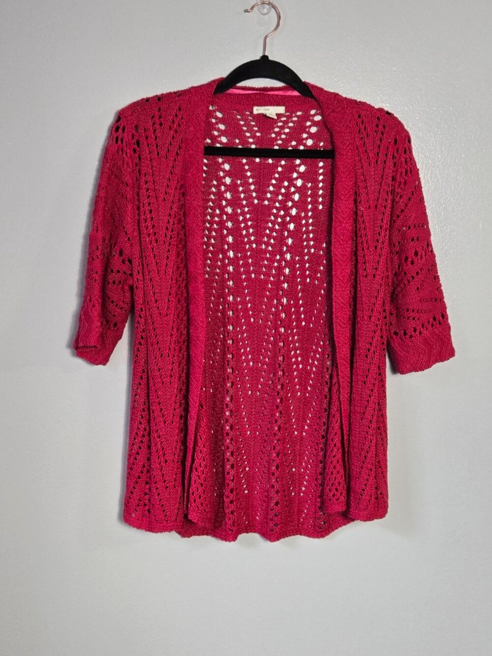 Cato Magenta Pink Chevron Open Knit Cardigan 3/4 Sleeve Sweater Size Medium
